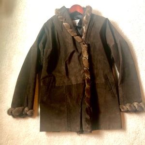 Brown suede Marvin Richards coat with fur trim.